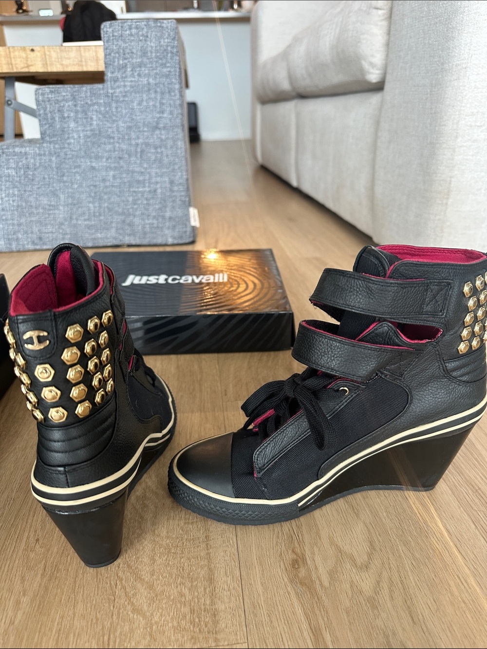 Just Cavalli Black Wedge High-Top Sneakers with Gold Studs and Pink Lining - Picture 3 of 6